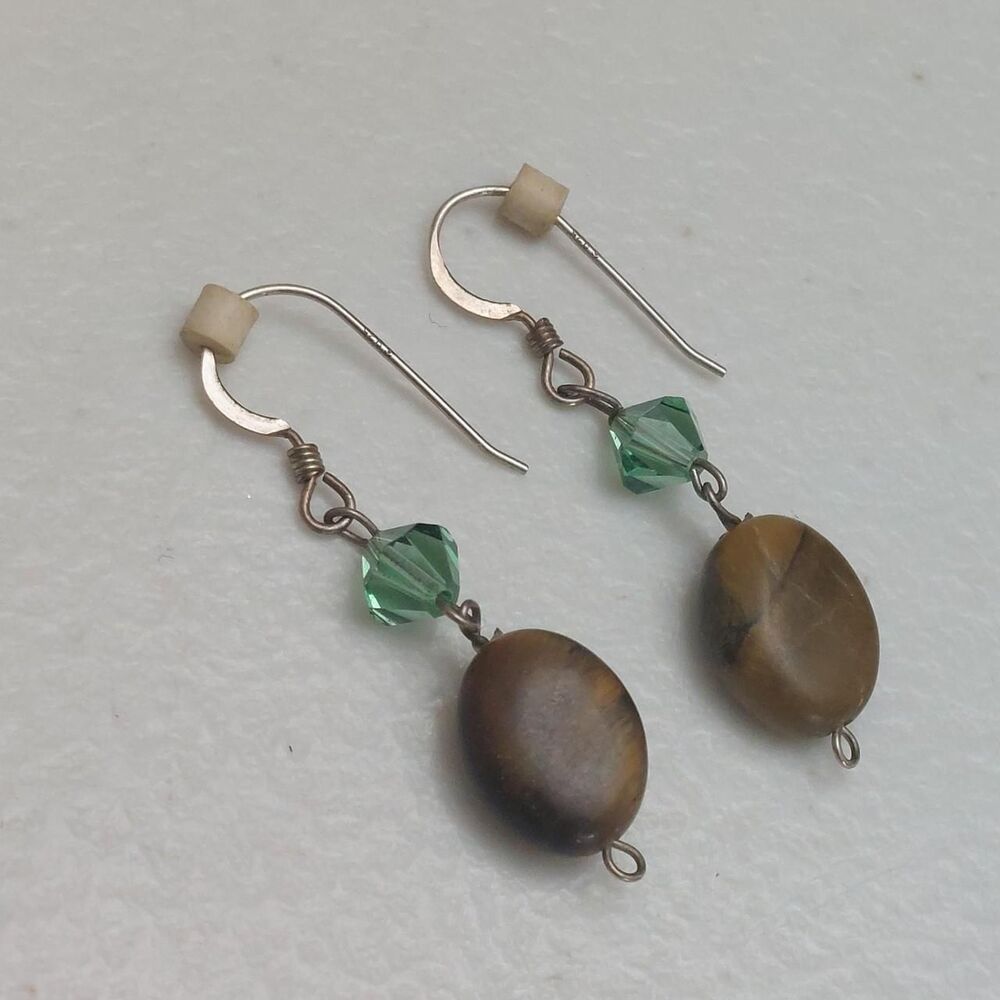 Boho Vibe 925 Sterling Silver Hook Earrings Green Glass Jasper Stone